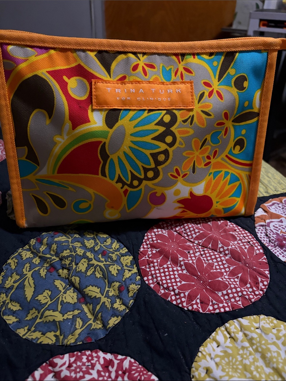 Clinique Orange Multicolor Floral Cosmetic Bag